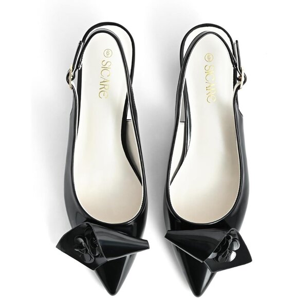 Sicare Slingback Heels Pumps Synthetic Black Women Flower Block Heel Dress Shoes - Picture 8 of 12